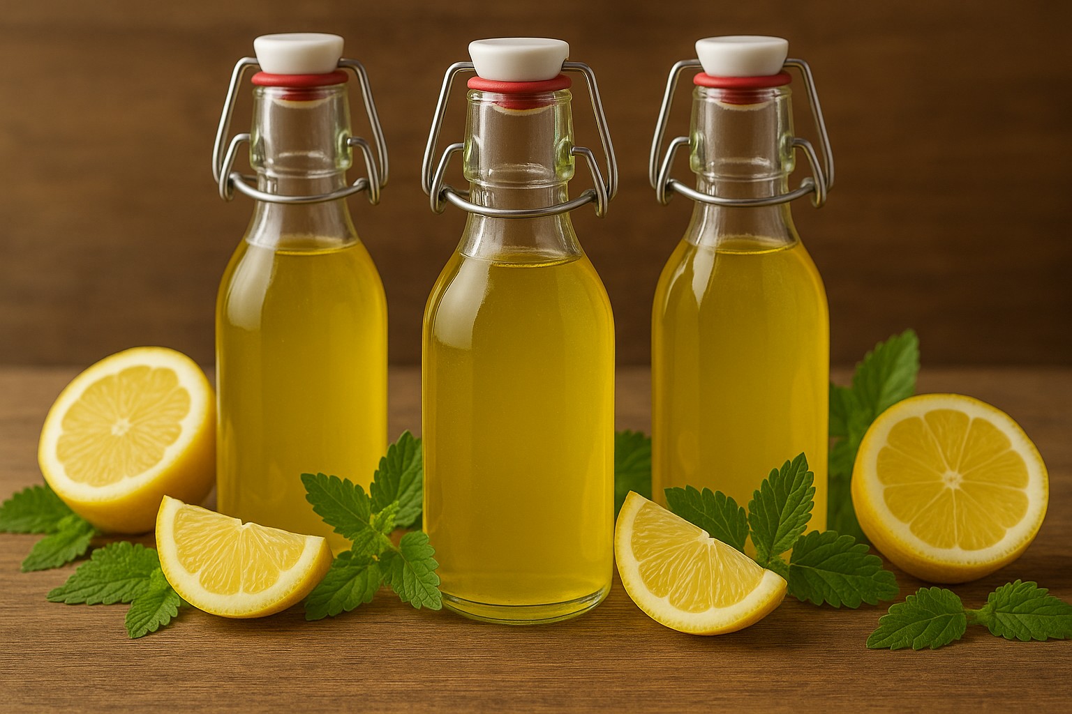 Mehrere Glasflaschen mit Bügelverschluss gefüllt mit hausgemachtem Sirup