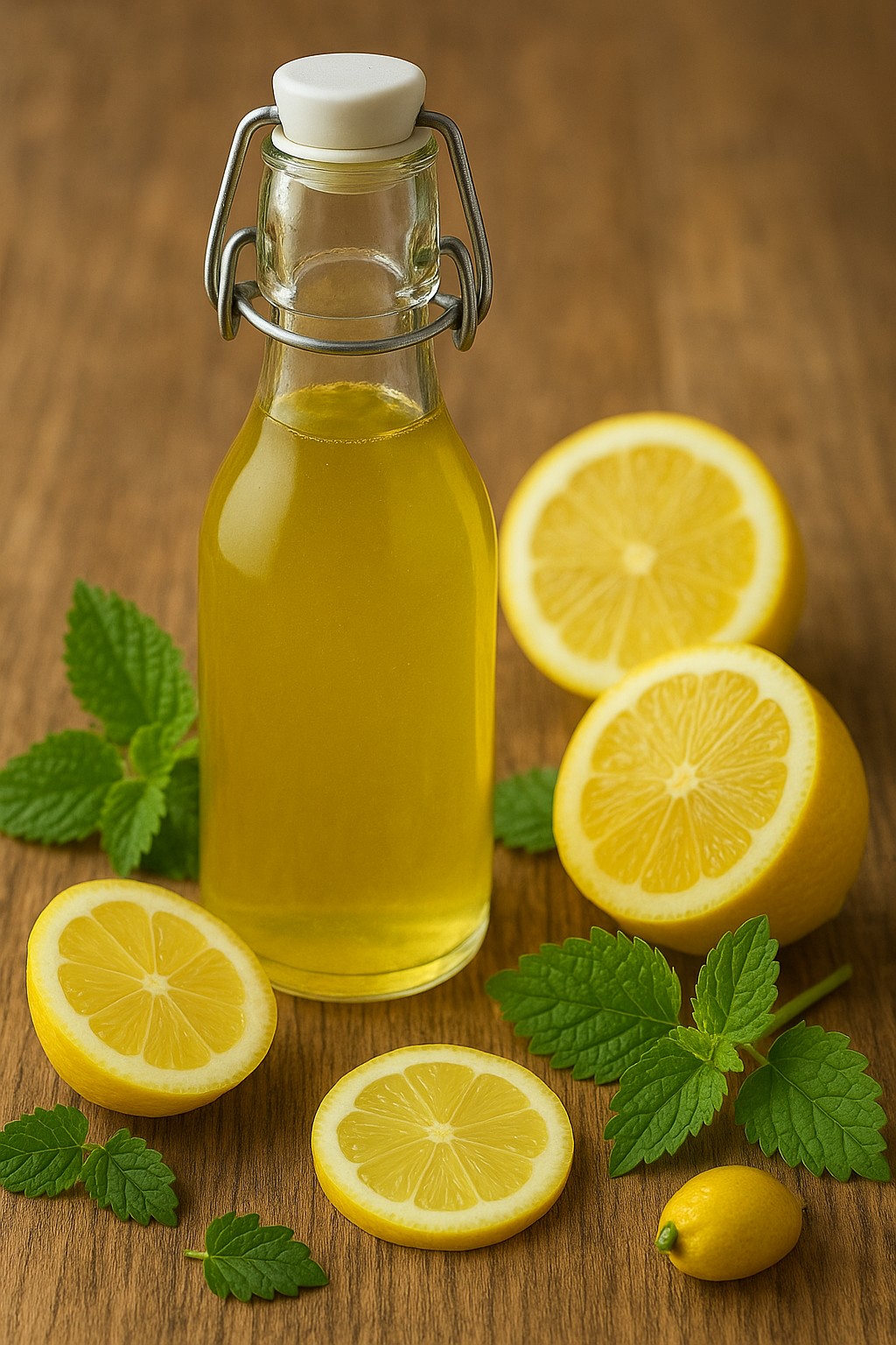 Selbstgemachter Zitronenmelissen-Sirup in Glasflaschen mit Bügelverschluss