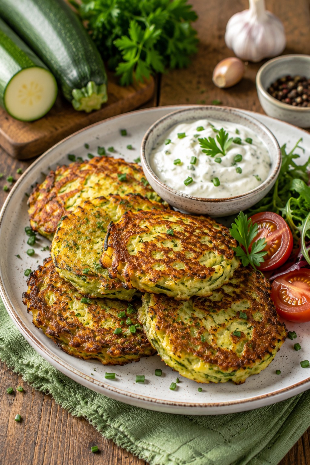 Goldbraun gebratene Zucchini-Puffer mit Kräuterquark auf einem Teller