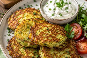 Goldbraun gebratene Zucchini-Puffer mit Kräuterquark auf einem Teller