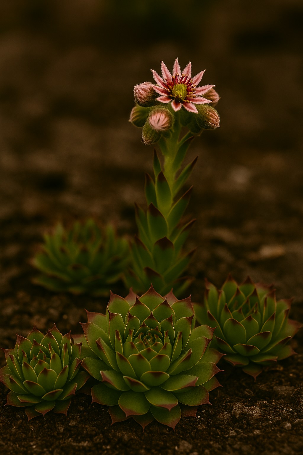 Blühendes Sempervivum mit Rosette und Blütentrieb