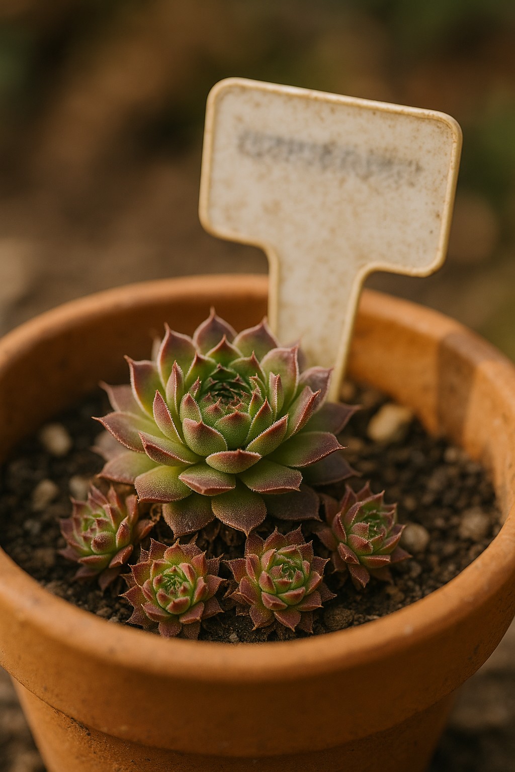 Sempervivum mit fehlendem Pflanzschild im Beet