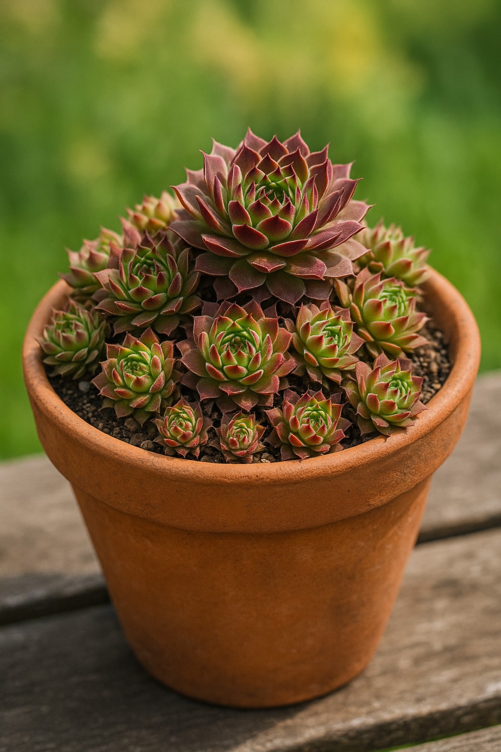 Sempervivum im Tontopf mit bunten Rosetten