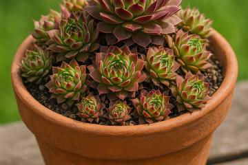 Sempervivum im Tontopf mit bunten Rosetten