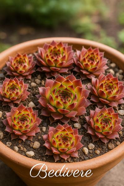 Sempervivum-Sorte Bedivere im Pflanztopf