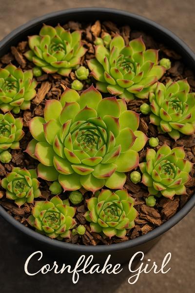 Sempervivum-Sorte Cornflake Girl im Pflanztopf