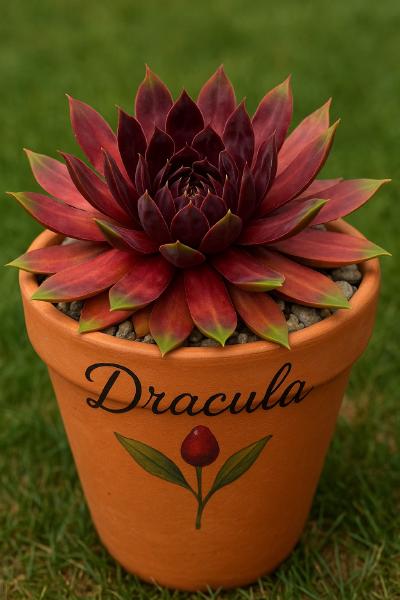 Sempervivum-Sorte Dracula im Pflanztopf