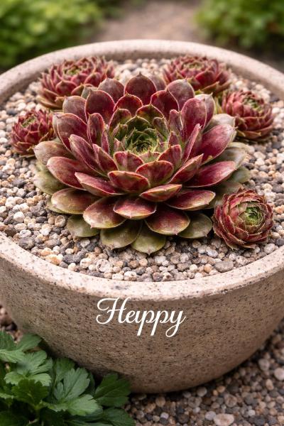 Sempervivum-Sorte Happy im Pflanztopf