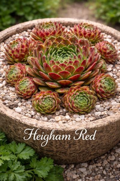 Sempervivum-Sorte Heigham Red im Pflanztopf