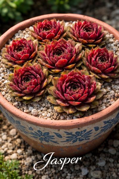 Sempervivum-Sorte Jasper im Pflanztopf