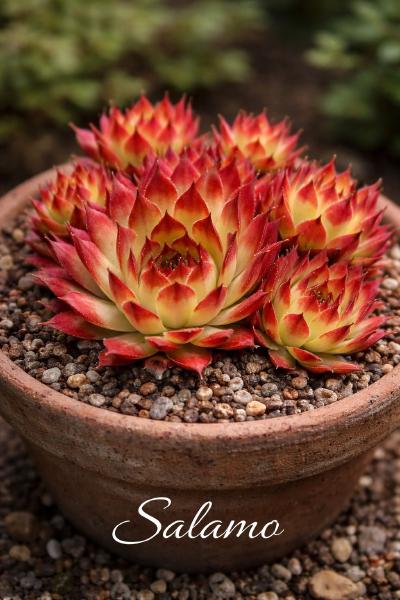 Sempervivum-Sorte Salamo im Pflanztopf