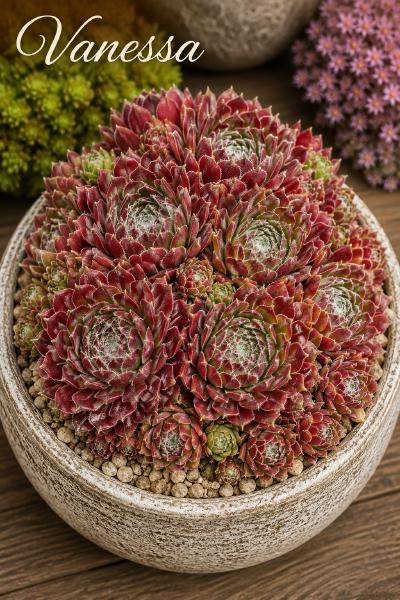 Sempervivum-Sorte Vanessa im Pflanztopf
