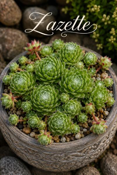 Sempervivum-Sorte Zazette im Pflanztopf