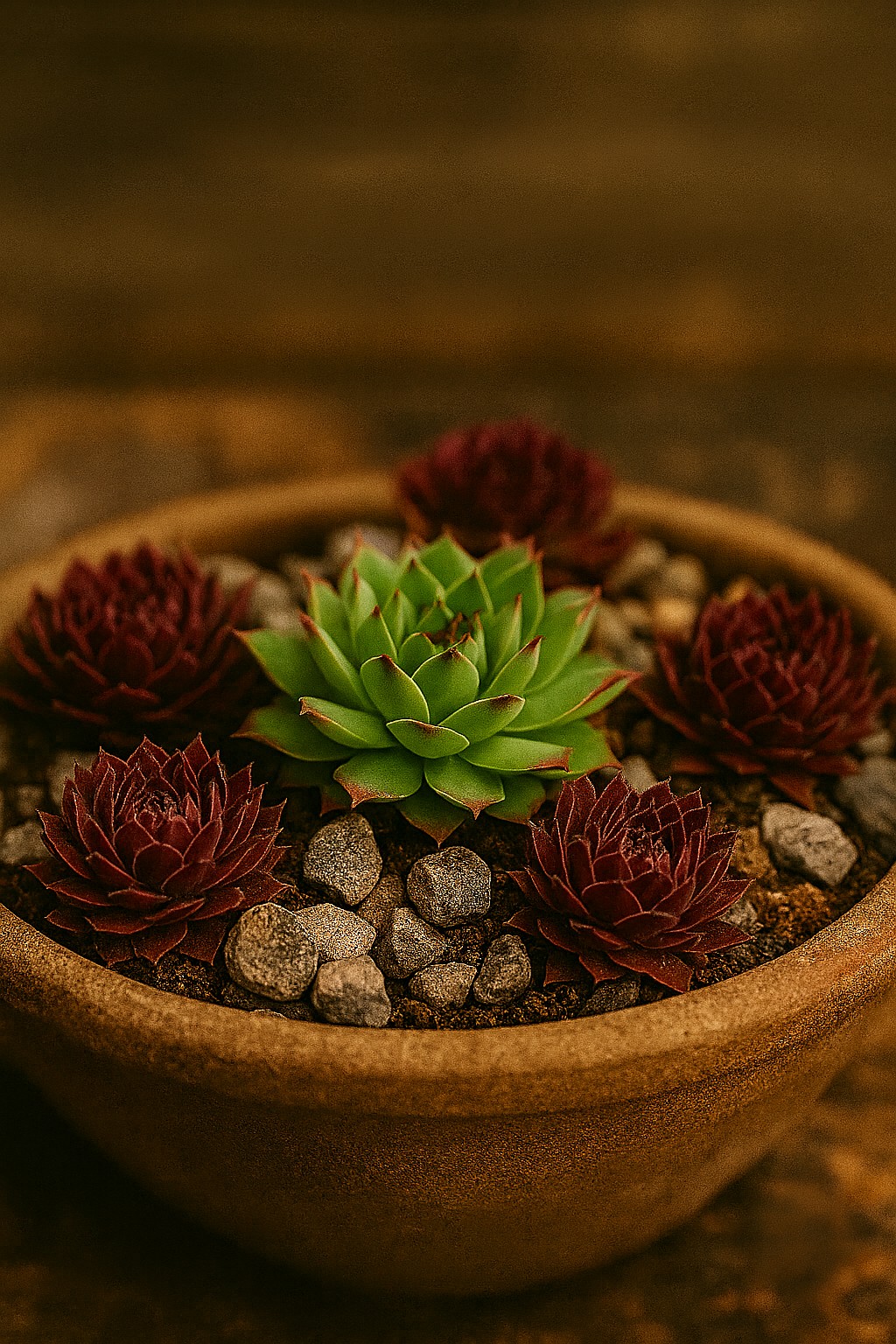 Sempervivum in Pflanzschalen – Hochformat