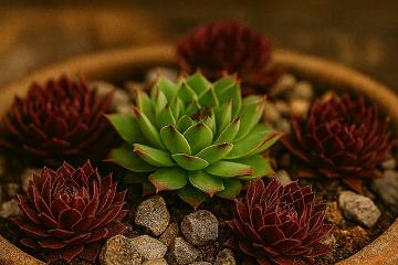 Sempervivum in Pflanzschalen – Hochformat