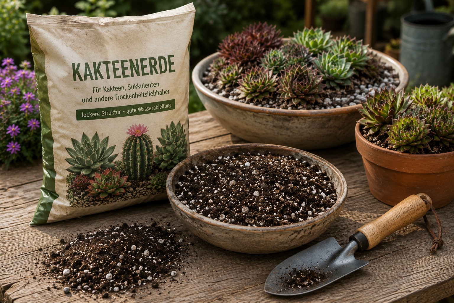 Kakteenerde und kleine Pflanzschaufel auf einem Gartentisch