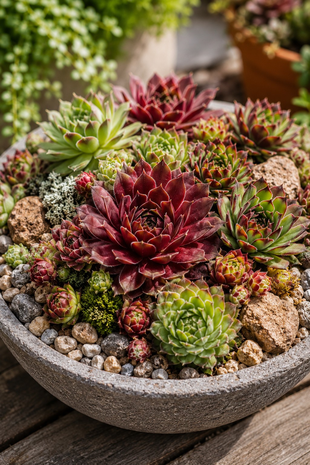 Rot gefärbte Semperviven in einer flachen Pflanzschale