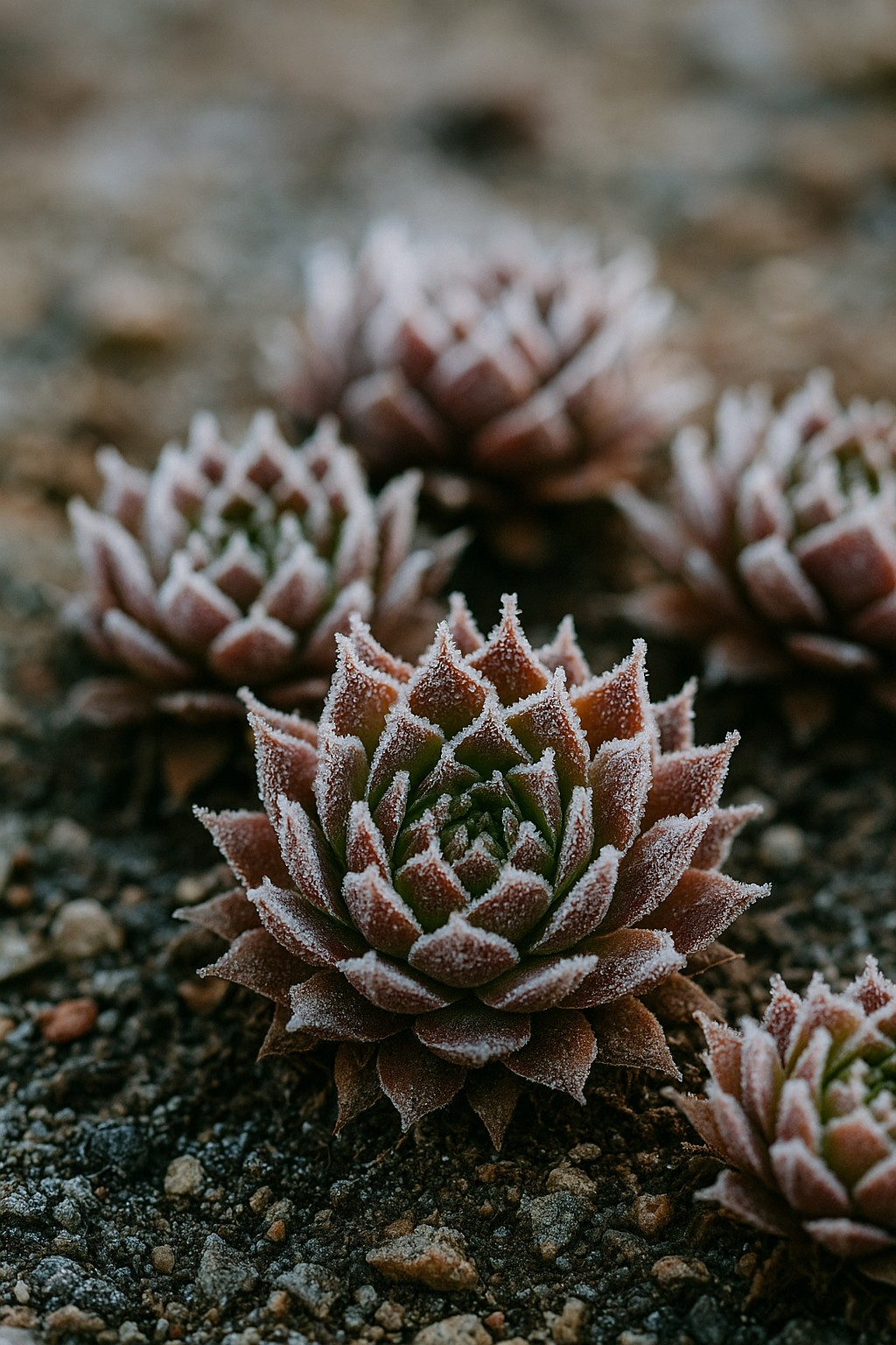 Sempervivum-Rosetten im Winter mit leichtem Frost und natürlicher Färbung