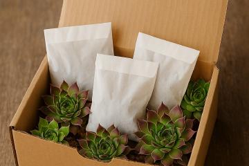 Sempervivum-Kindel in Papier verpackt für den Versand