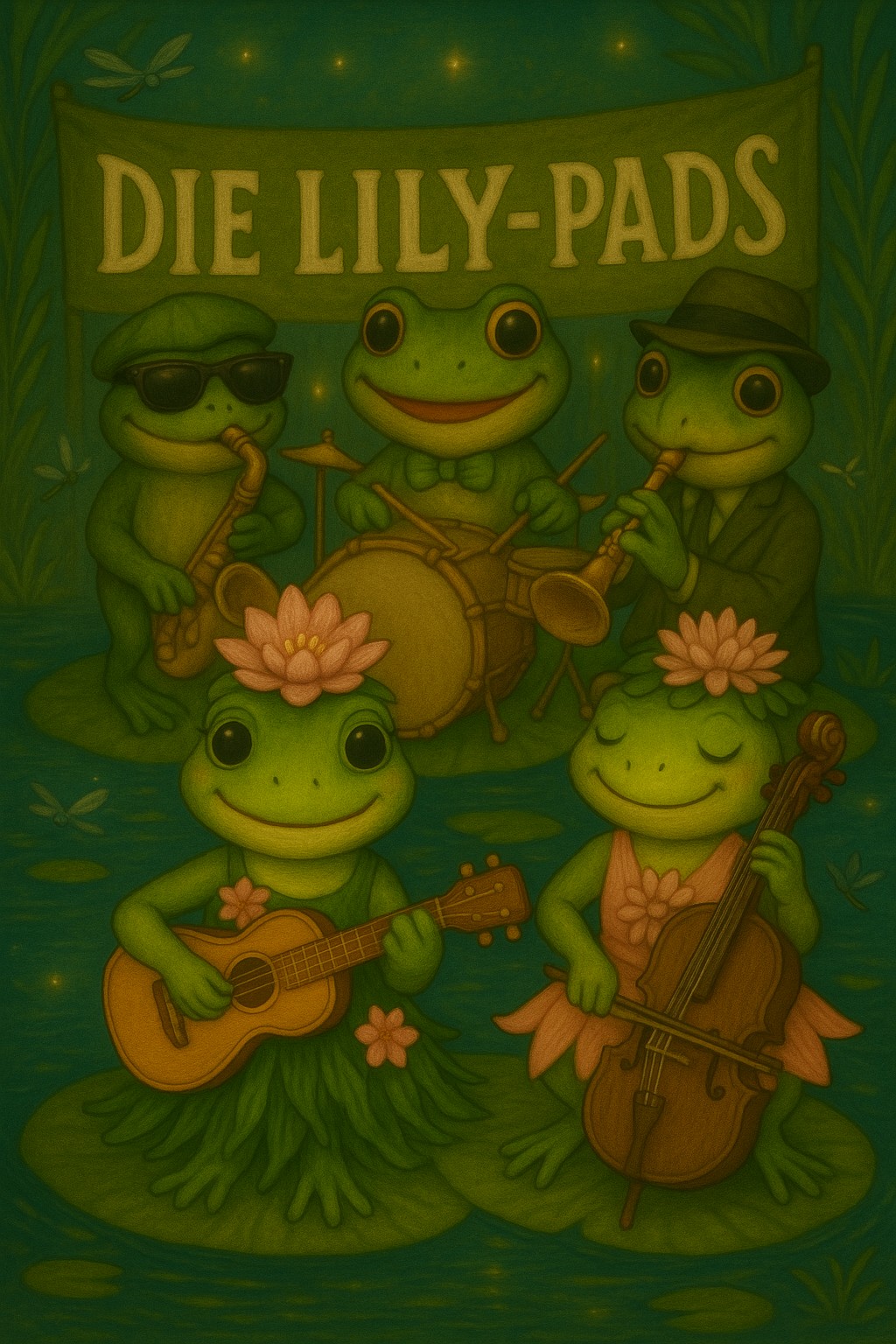 Die fünf Froschmusiker der Lily-Pads auf einem Seerosenblatt im Zauberteich