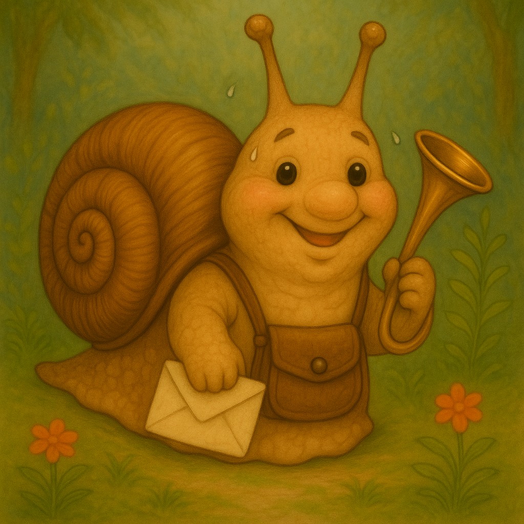 Emma, die Postschnecke, mit Posthorn und Ledertasche vor dem Flaschenpost-Büro