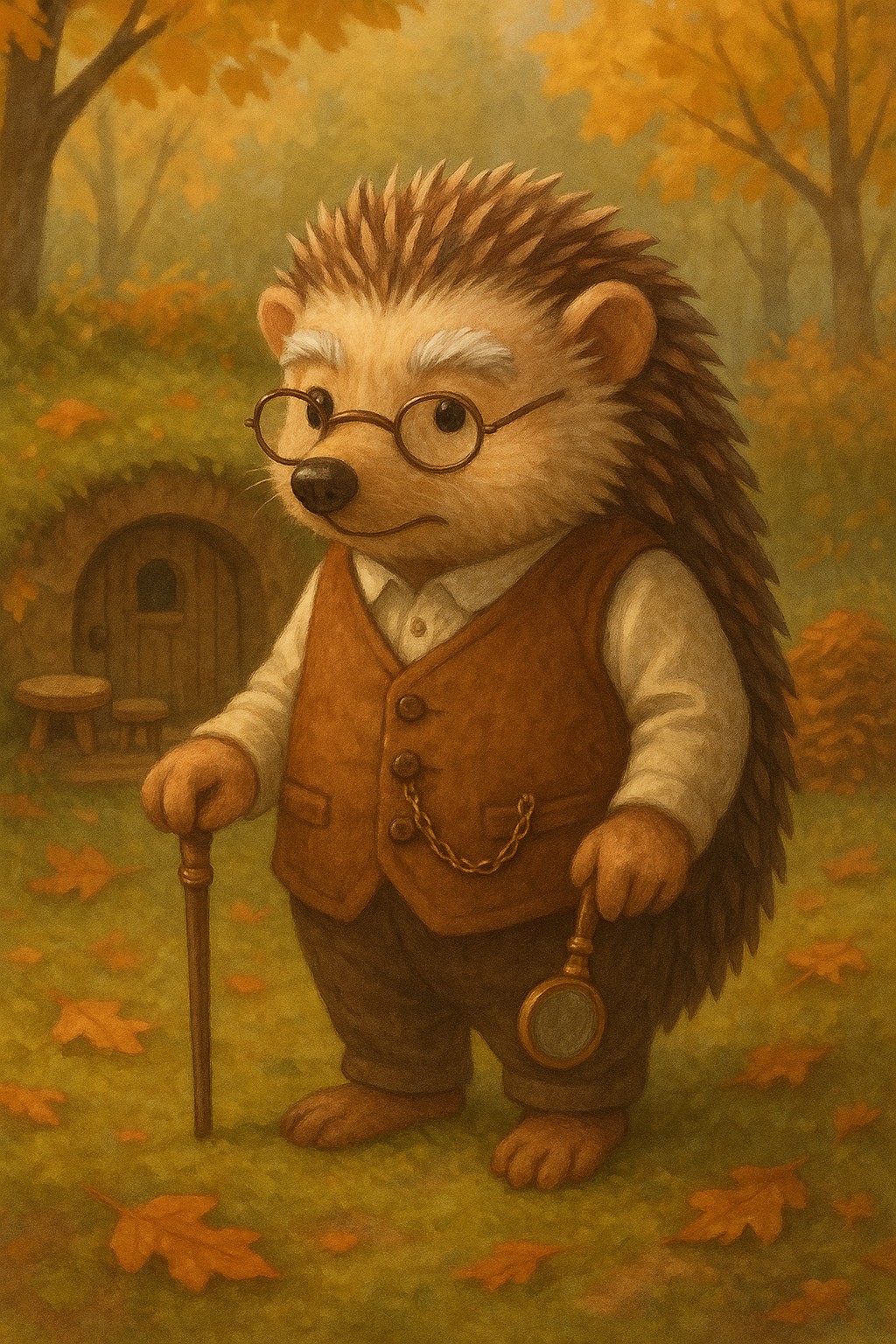 Herr Stachl, ein älterer Igel mit Brille, Spazierstock und brauner Weste, steht im herbstlichen Zaubergarten