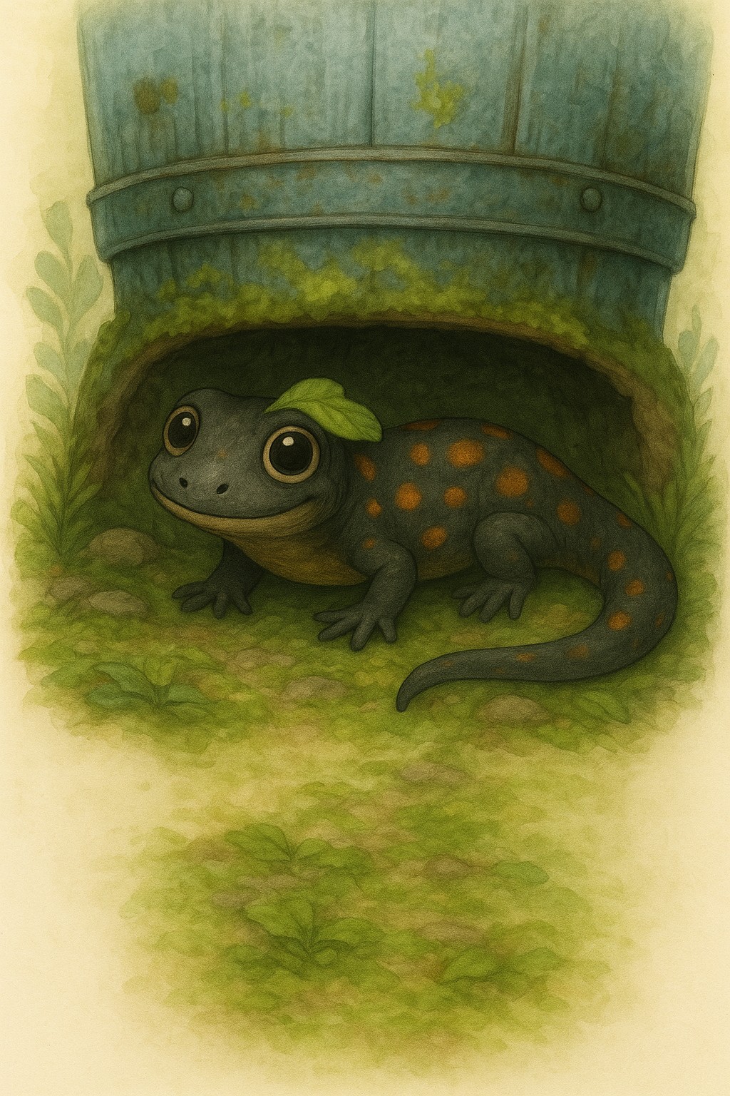 Siggi, der Gartensalamander, sitzt mit einem Blatt auf dem Rücken unter einer alten Regentonne im Zaubergarten