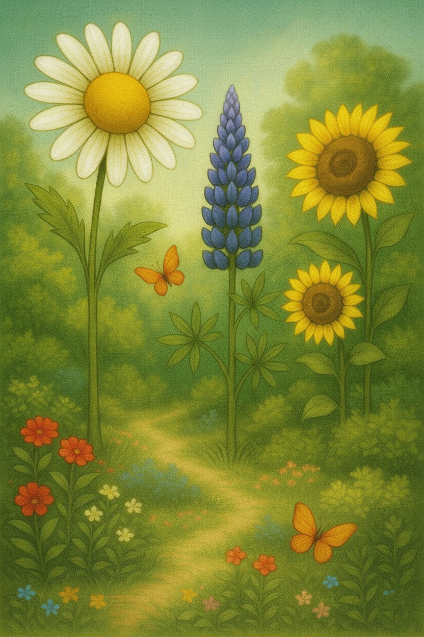 Der Blütenhain mit Riesenblumen und Schmetterlingen