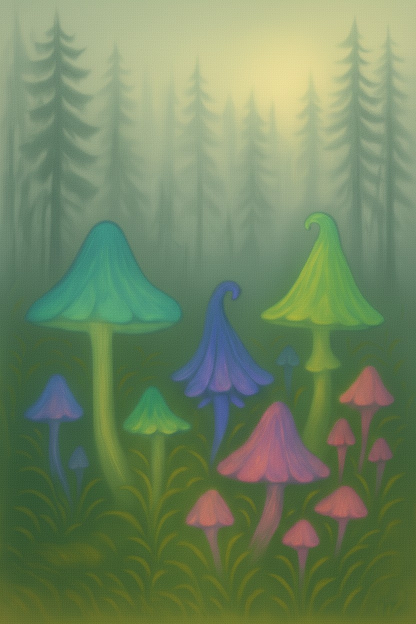 Leuchtende Pilze in Blau-, Grün- und Violetttönen am Waldrand von Horvi