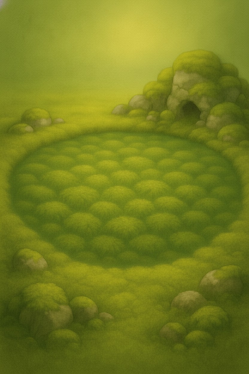 Sanftgrüner Moos-See mit weichem Grund und moosbewachsener Höhle