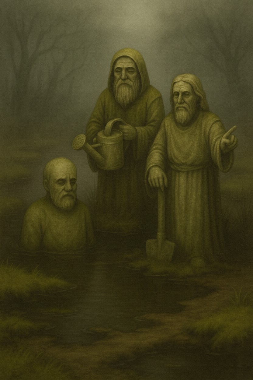 Drei moosbewachsene Steinfiguren im Nebel, teilweise im Moor versunken, im Zaubergarten-Stil