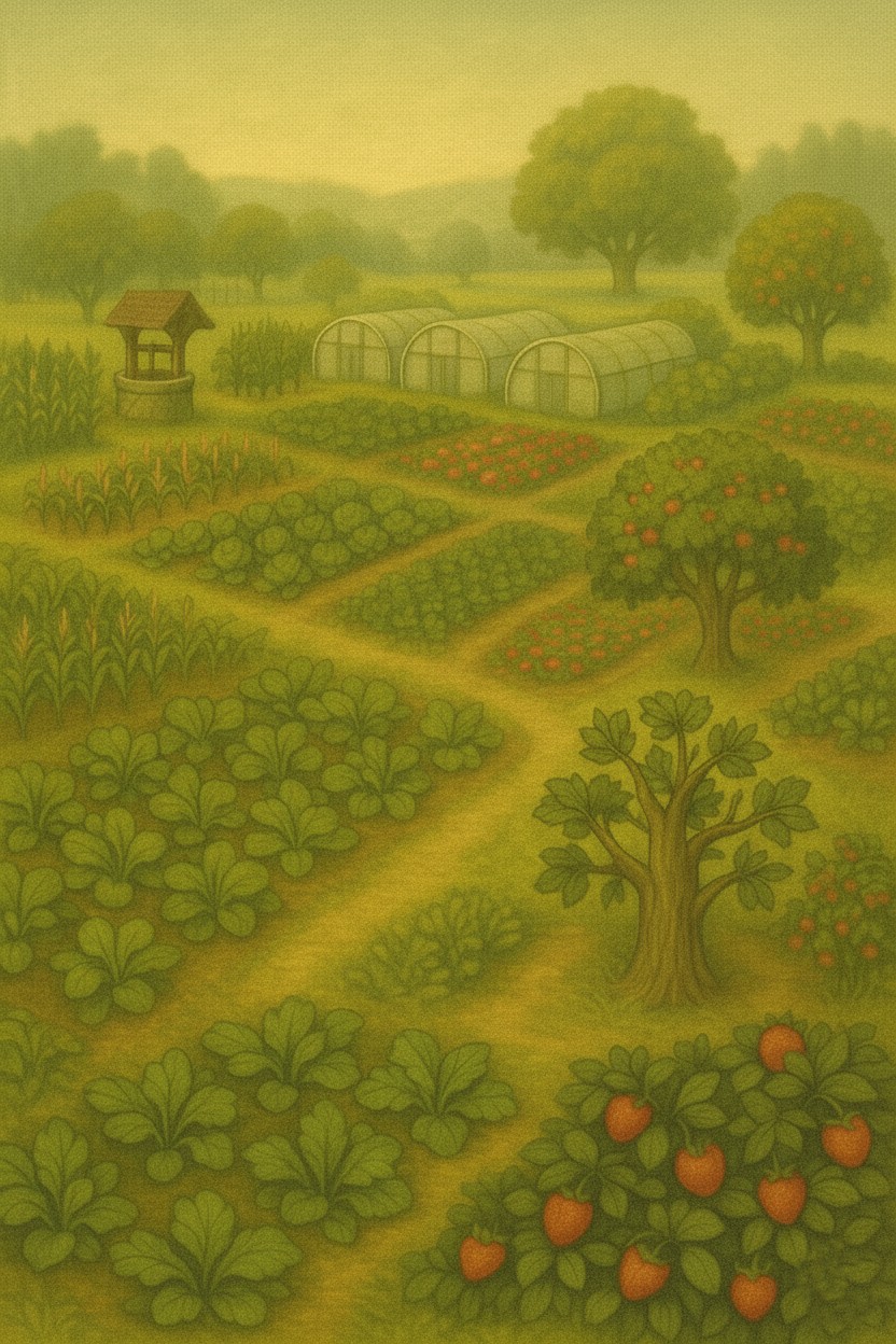 Weite Gartenlandschaft mit Feldern, Gewächshäusern und blühenden Bäumen