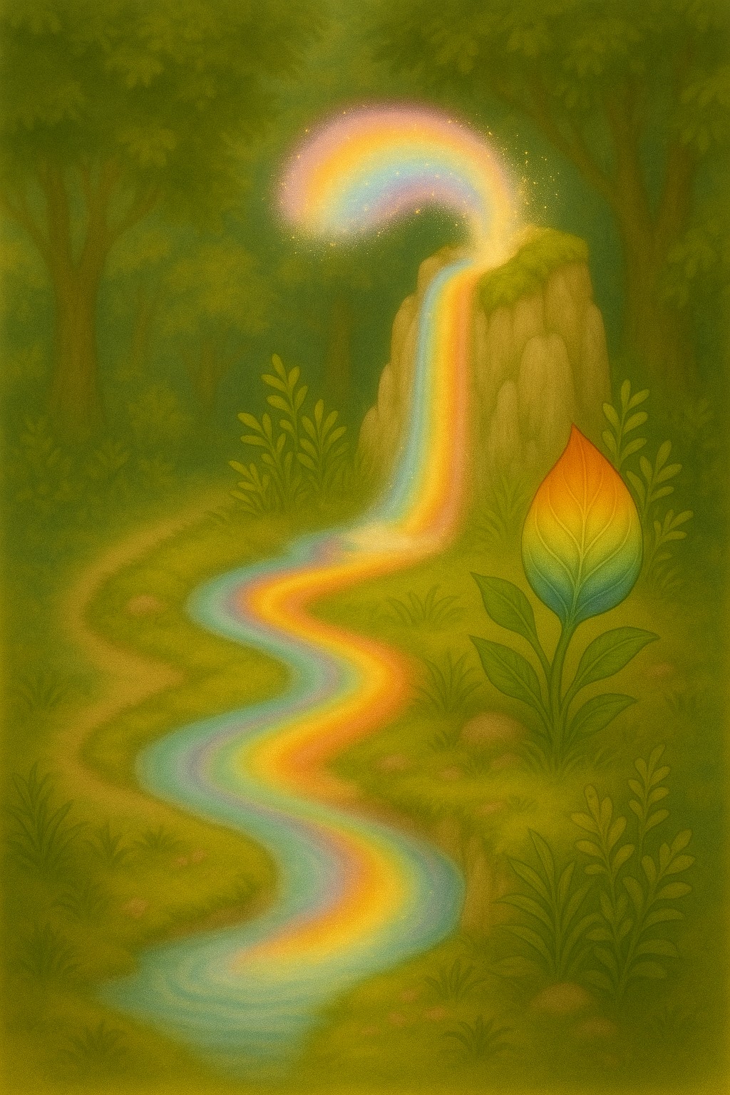 Sanft leuchtender Regenbogen-Bach, der sich durch grünes Land schlängelt