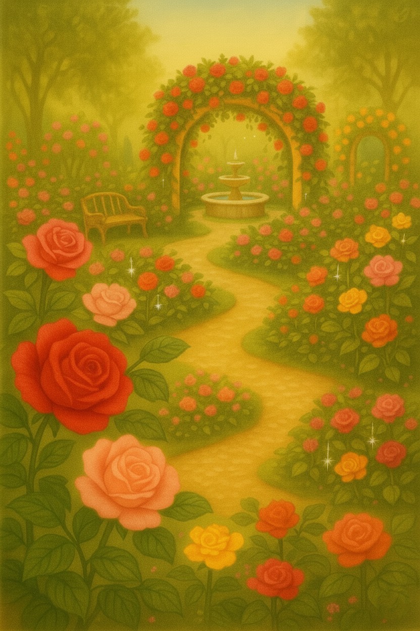 Rosengarten mit Rosenbögen, Springbrunnen und Windspielen im Zaubergarten-Stil