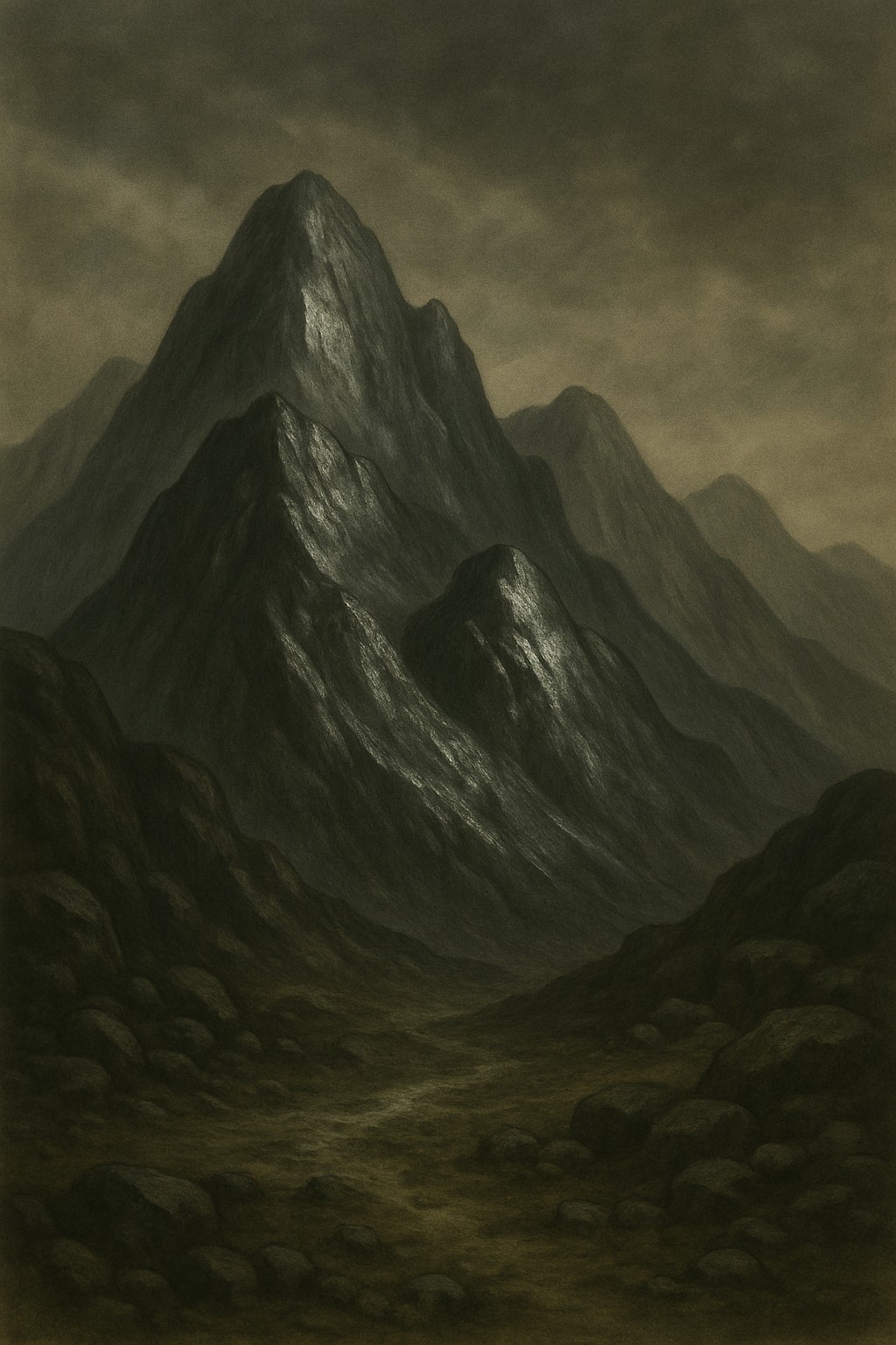Dunkel schimmernde Bergkette mit metallischem Glanz im Nordosten von Horvi