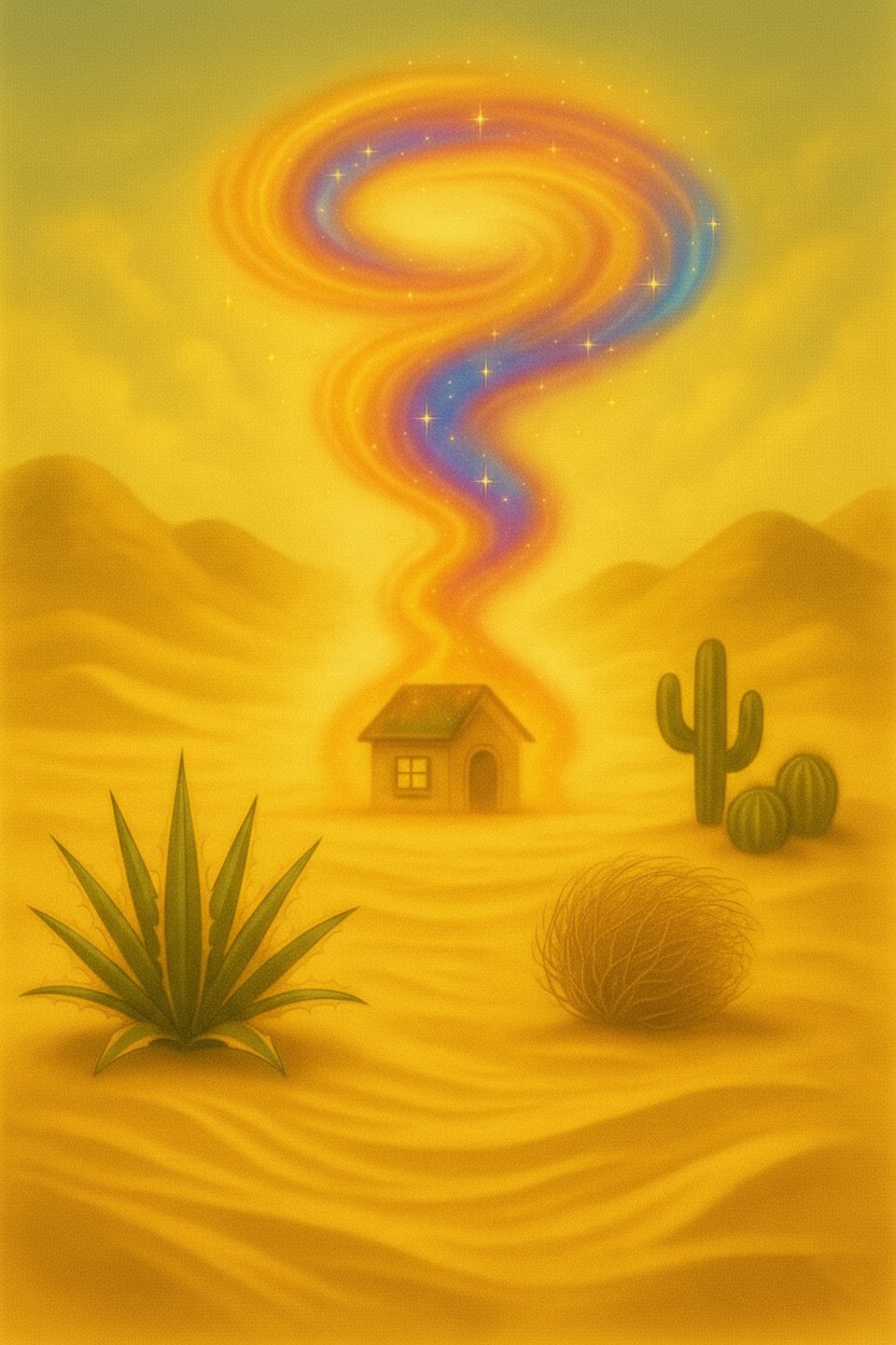 Die Sonnenstaub-Wüste mit buntem Wirbel aus Licht und Sand