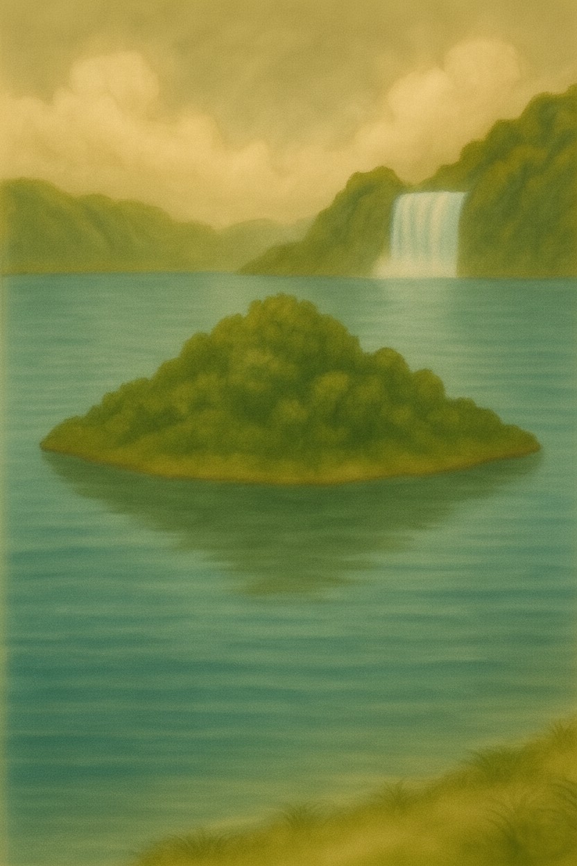 Der Spiegelsee mit kleiner Insel und Wasserfall im Hintergrund