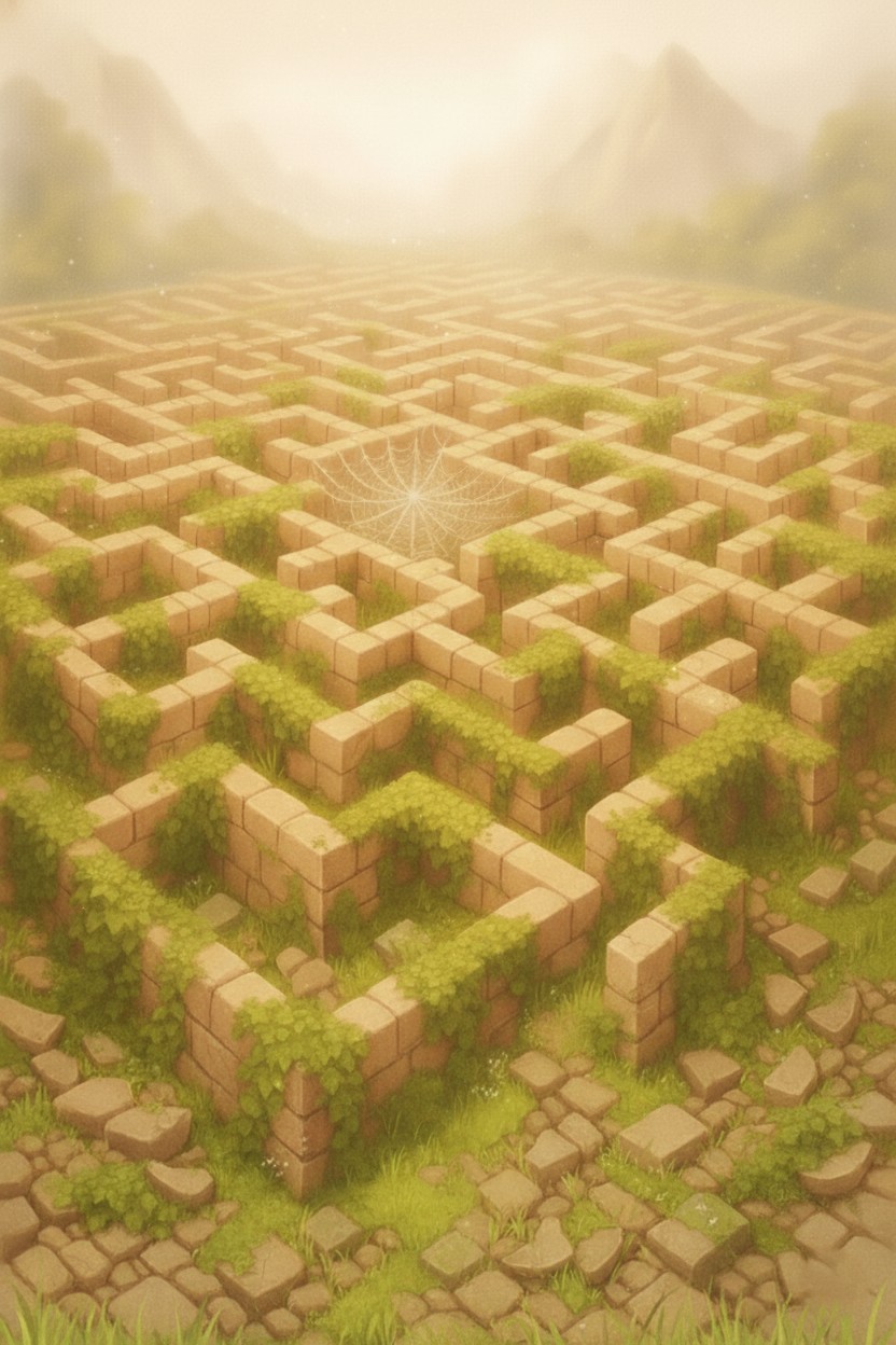 Verwunschenes Labyrinth aus alten Tontöpfen im goldenen Licht