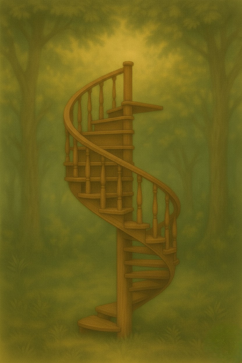 Holztreppe im Nebel, die scheinbar in den Himmel führt