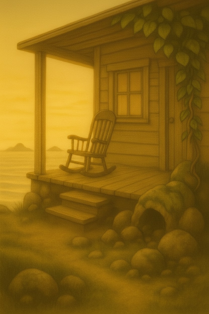 Alte Holzveranda mit Schaukelstuhl im goldenen Abendlicht am Meer