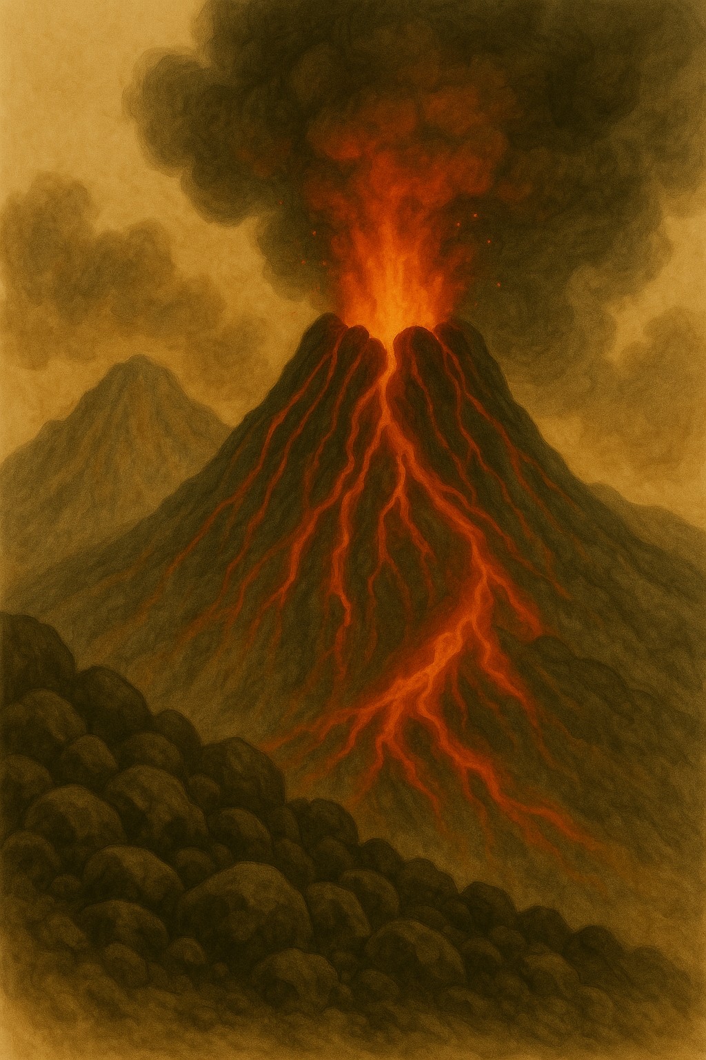Vulkan mit Rauchfahne und glühenden Felsen am Fuß der Silberberge
