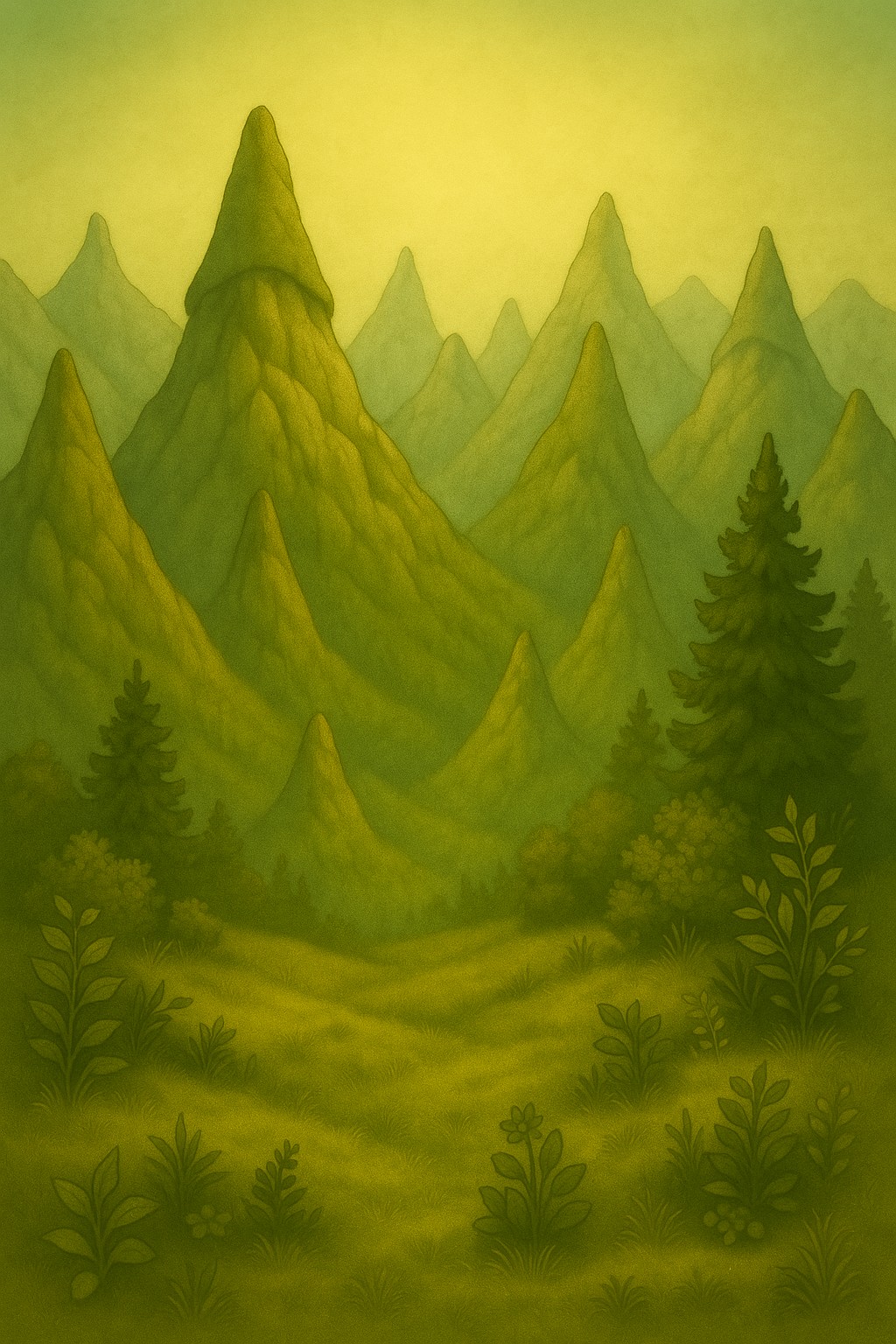 Spitze, moosbewachsene Berge im Zipfel-Gebirge, im Hintergrund die Regentonne von Horvi, im Zaubergarten-Stil